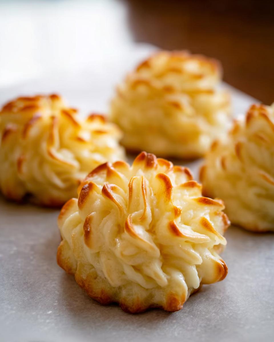 Close-up of perfectly piped and baked Duchess Potatoes with golden brown edges.