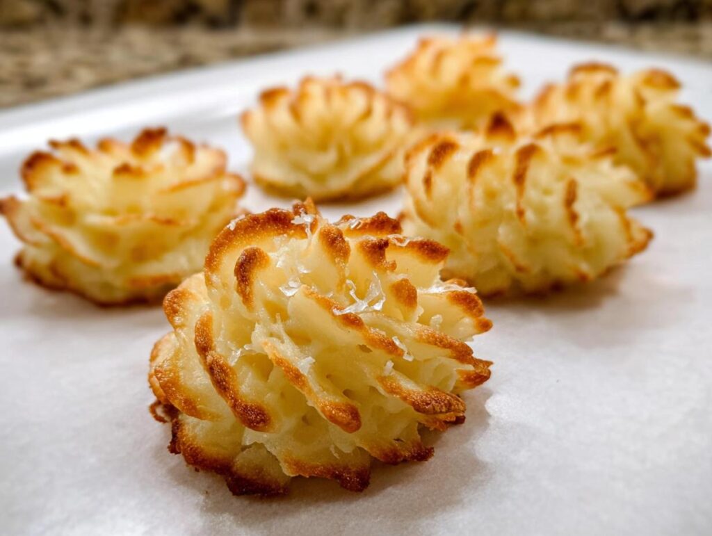 Close-up of beautifully piped and baked Duchess Potatoes with golden brown, crispy edges.