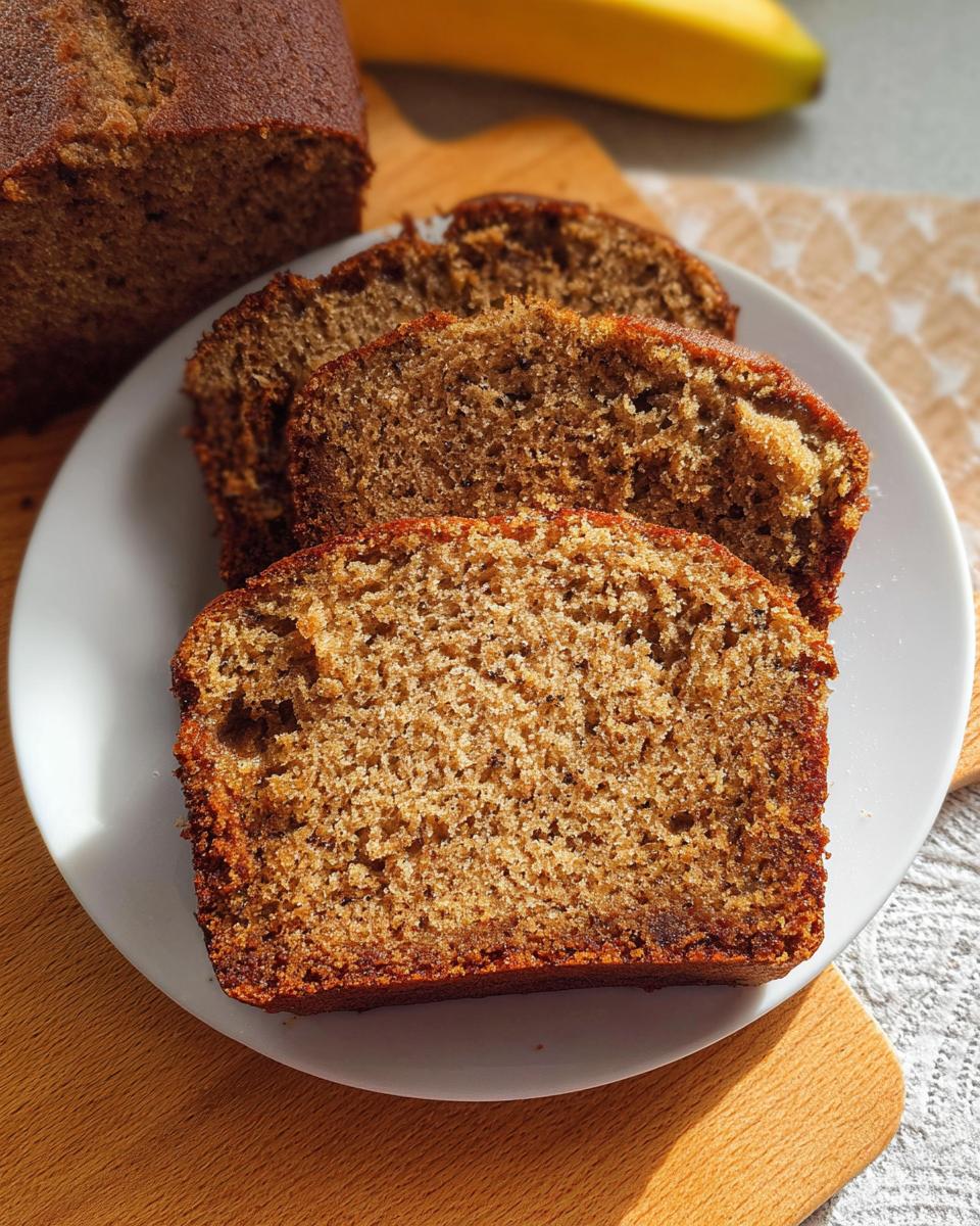 Close-up of three moist slices of easy banana bread on a white plate, perfect for busy weeknights.
