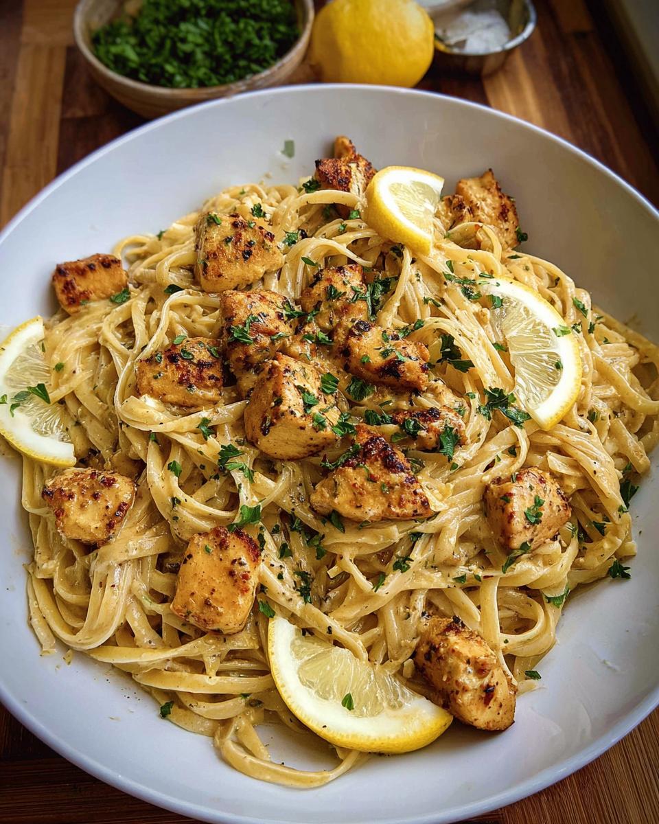 Close-up of Easy Cowboy Butter Chicken Linguine topped with seared chicken pieces and lemon slices.