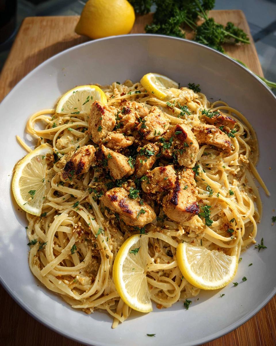 A bowl of Easy Cowboy Butter Chicken Linguine topped with seared chicken pieces and lemon slices.
