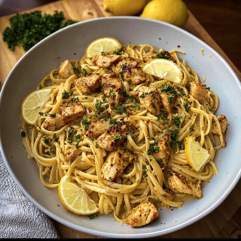 A close-up of Easy Cowboy Butter Chicken Linguine topped with seasoned chicken pieces and lemon slices.