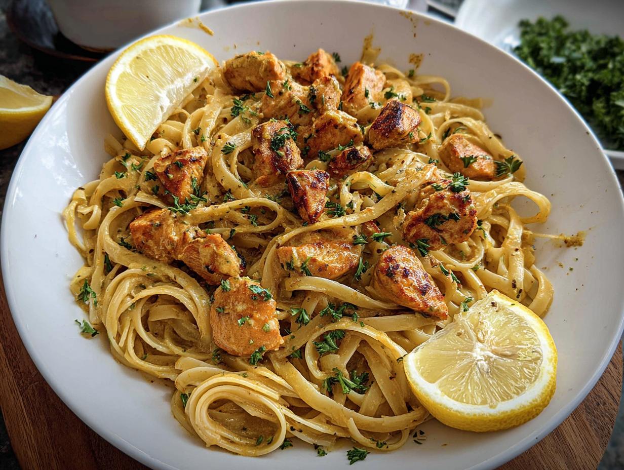 A close-up of Easy Cowboy Butter Chicken Linguine tossed in creamy sauce, topped with chicken pieces and parsley, garnished with lemon wedges.