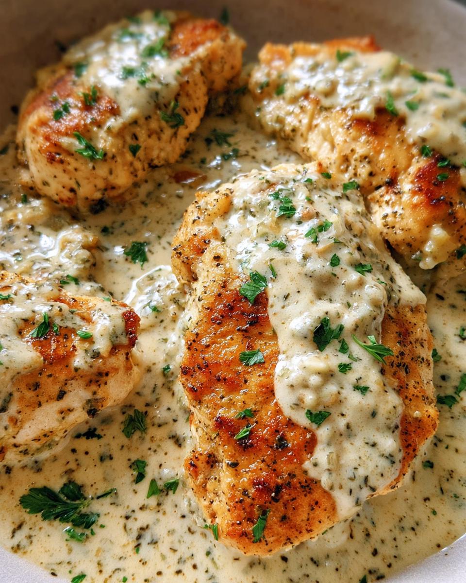 Close-up of seared chicken breasts smothered in a thick, creamy ranch sauce, garnished with parsley.