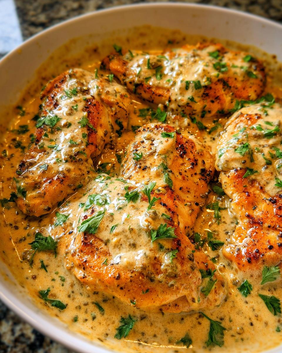 Four seared chicken breasts covered in a thick, creamy sauce speckled with herbs, part of the Easy Creamy Ranch Chicken Recipe.