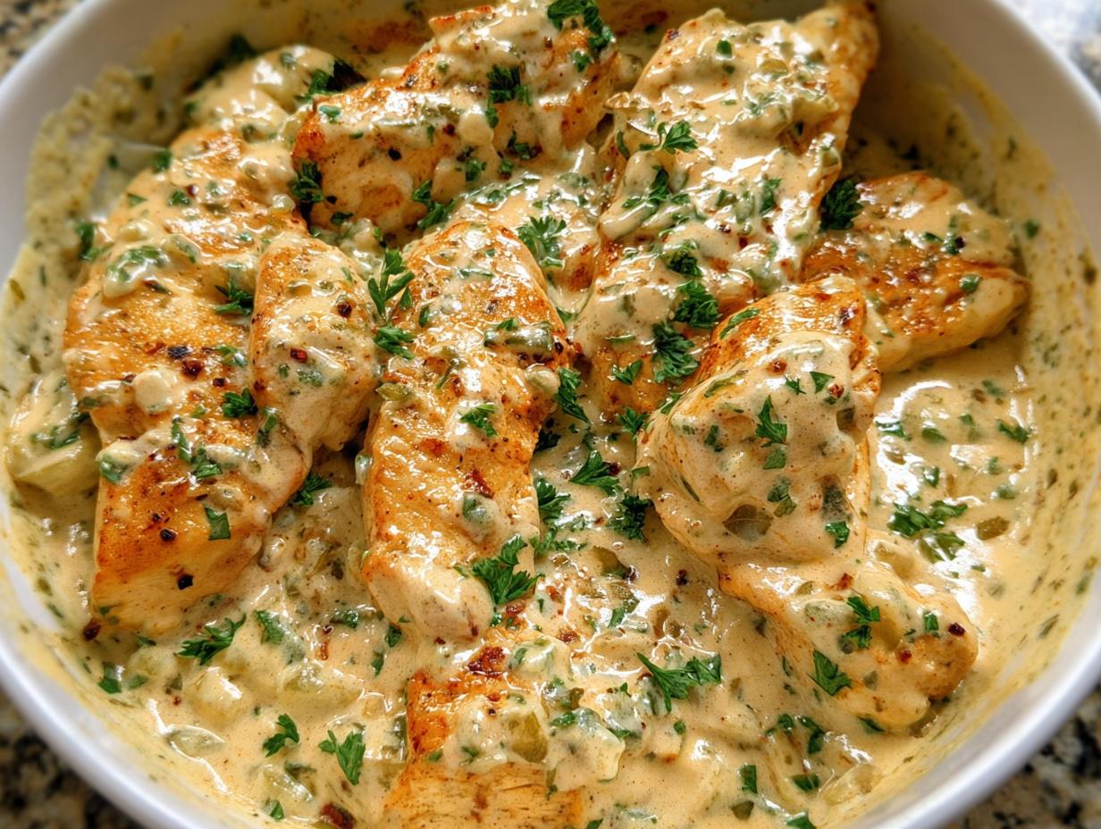 Close-up of pan-seared chicken breasts smothered in a rich, creamy ranch sauce, garnished with fresh parsley.