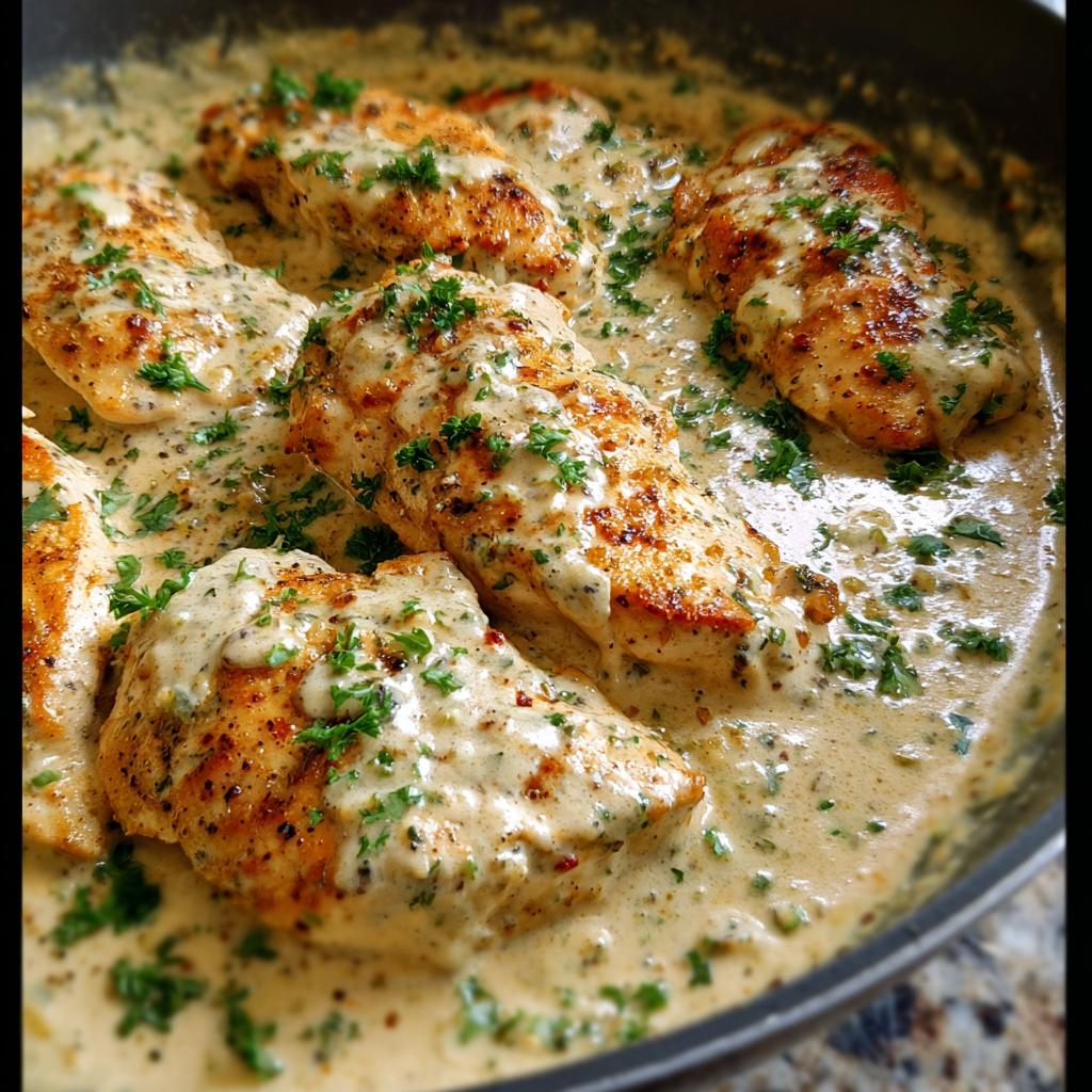 Close-up of seared chicken breasts smothered in a thick, creamy ranch sauce and garnished with fresh parsley.