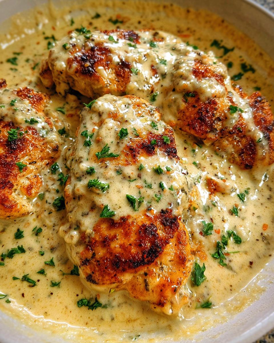 Close-up of seared chicken breasts smothered in a thick, creamy Ranch sauce, garnished with fresh parsley.