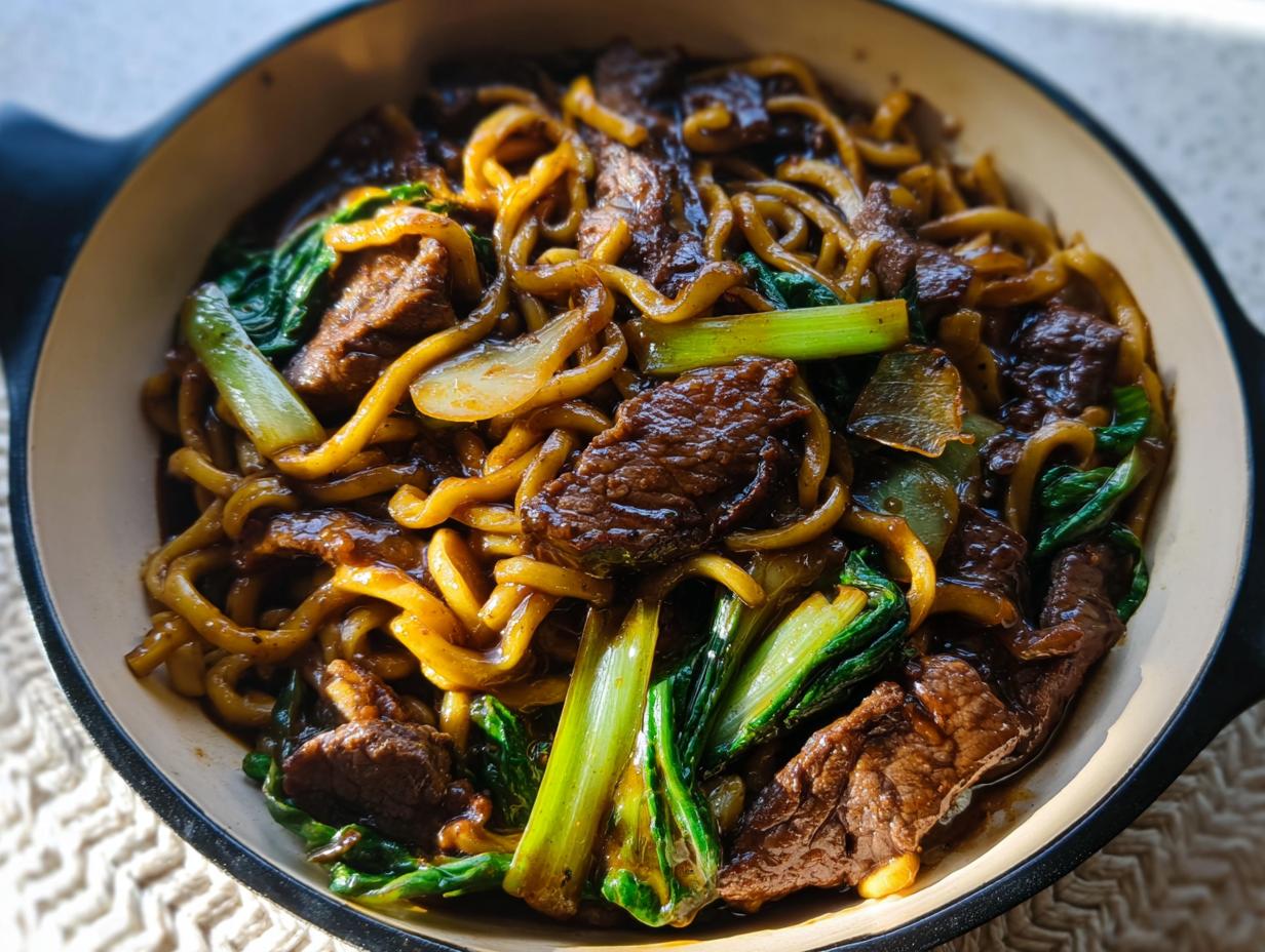 Close-up of a bowl filled with savory beef and bok choy noodles, a popular easy dinner recipe.