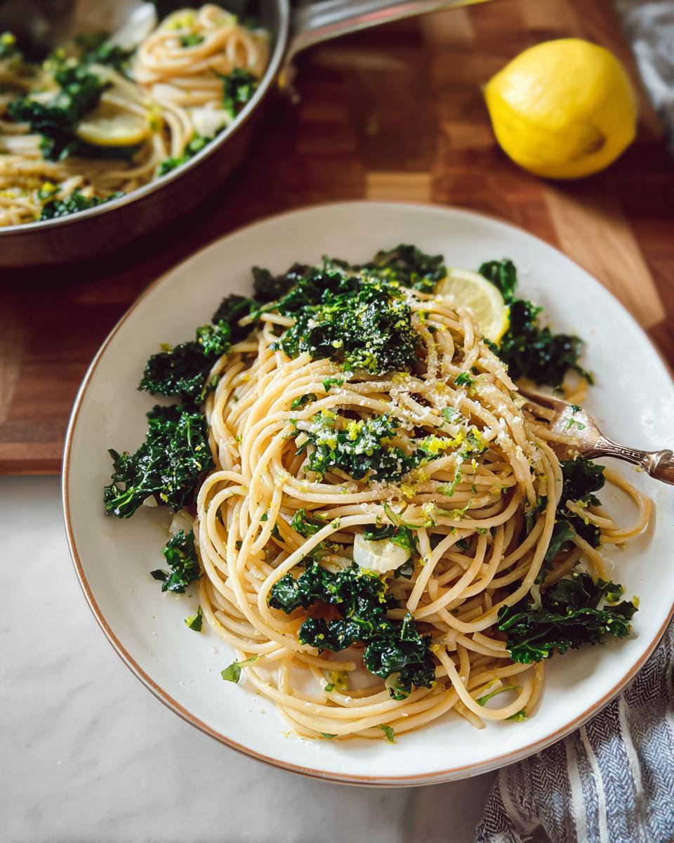 A plate of spaghetti with kale, lemon zest, and Parmesan cheese, perfect for easy dinner recipes.
