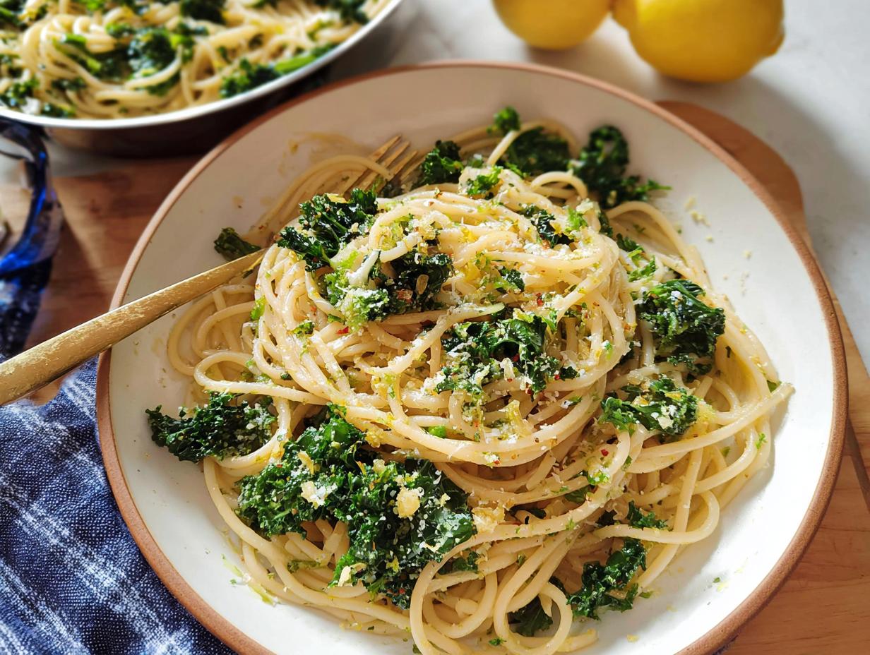 A plate of spaghetti with kale and lemon zest, part of an easy dinner recipe.