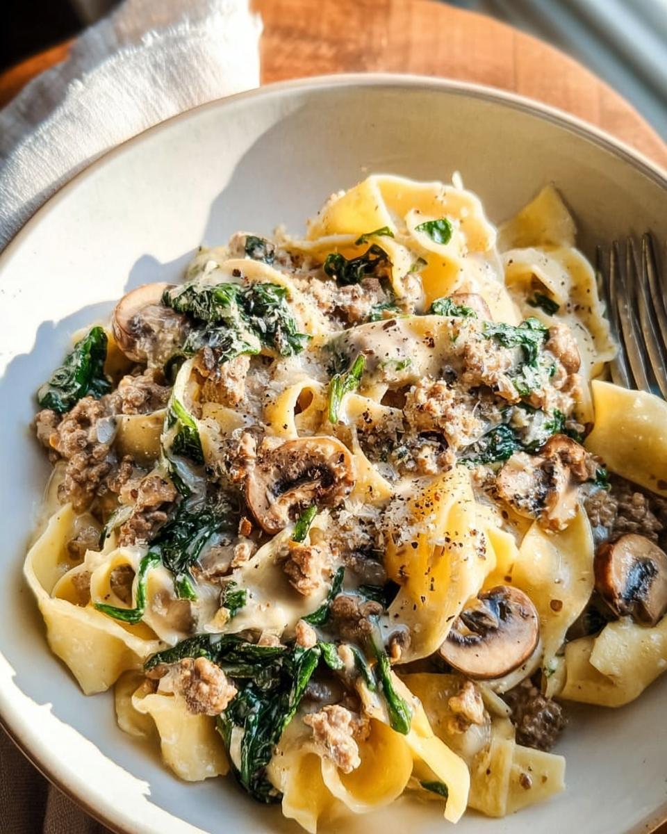 A close-up of a creamy sausage pasta dish with spinach and mushrooms, perfect for easy dinner recipes.