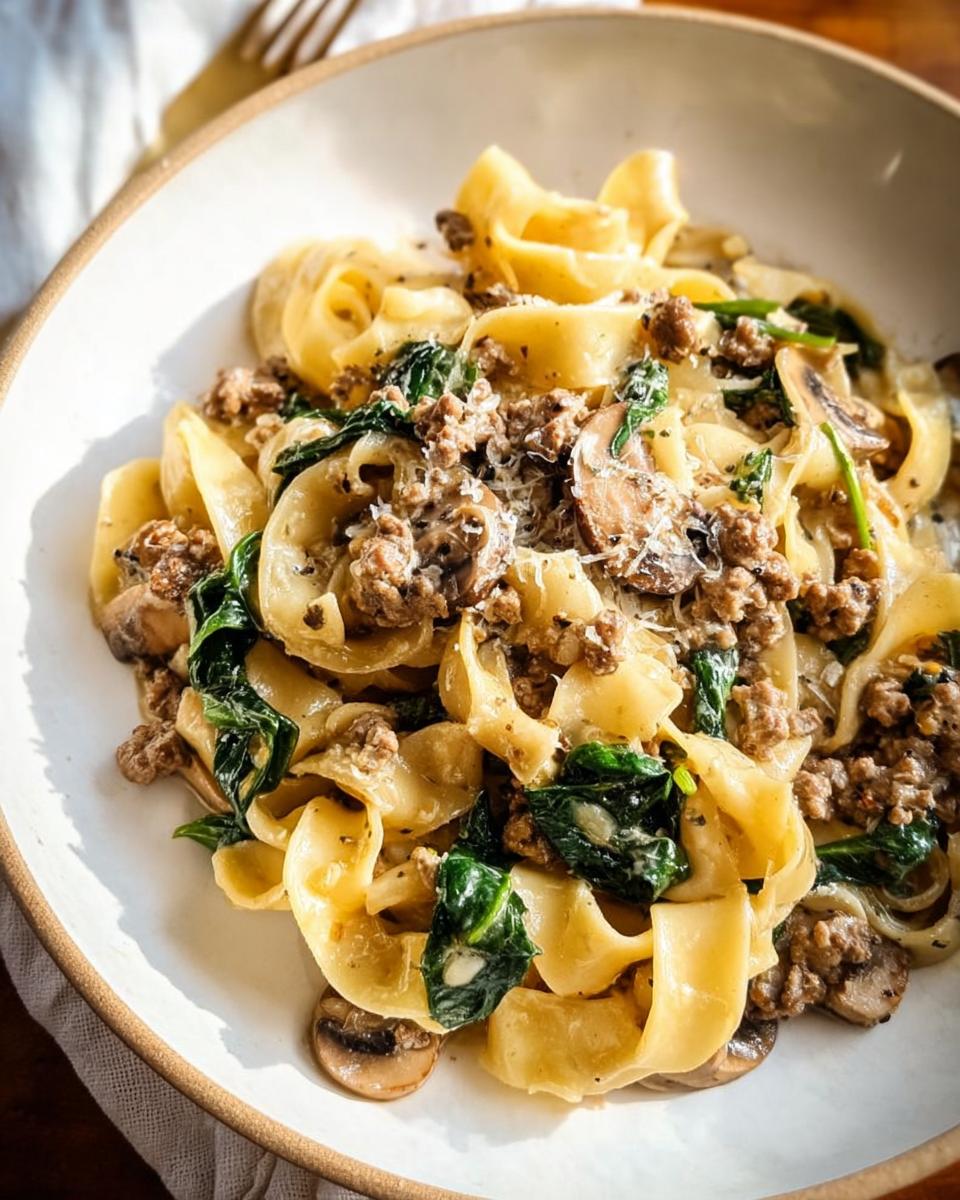Close-up of a bowl of easy dinner recipe pasta with ground meat, spinach, mushrooms, and grated cheese.