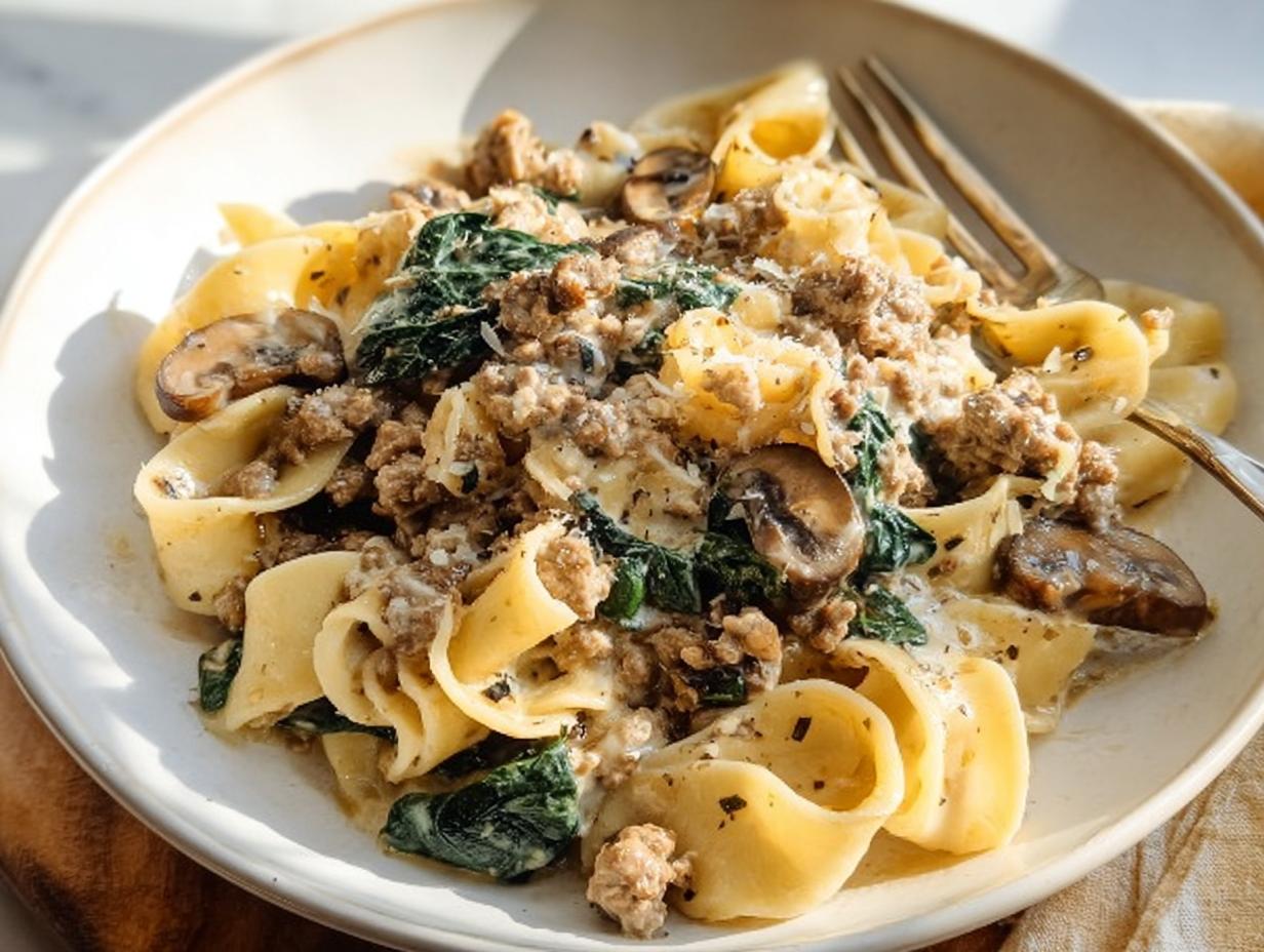 A close-up of a creamy skillet pasta dish with sausage, mushrooms, and spinach, perfect for easy dinner recipes.