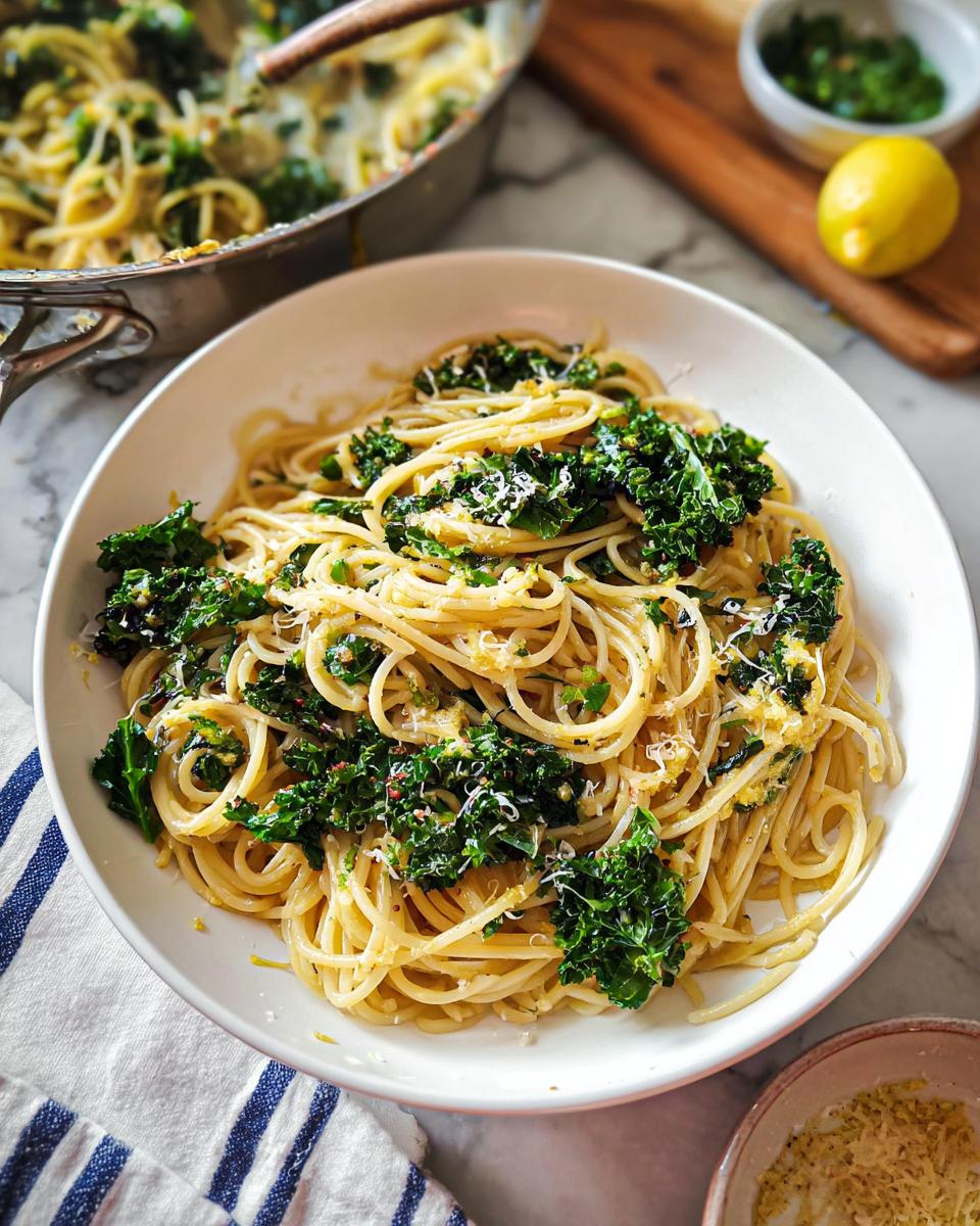A close-up of a white bowl filled with spaghetti tossed with kale and grated cheese, part of an easy dinner recipe.