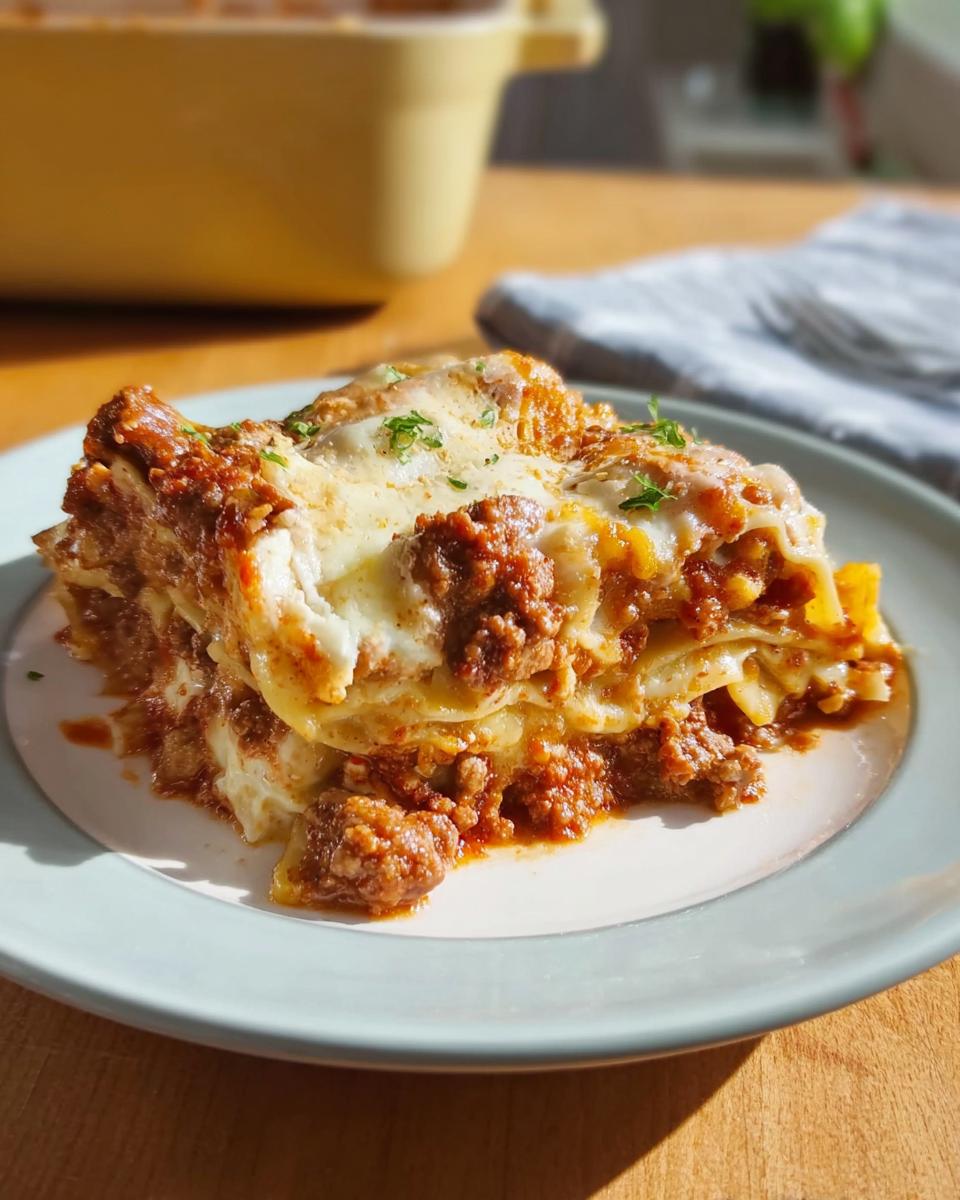 A generous slice of Easy Lasagna Dinner for Busy Families, layered with meat sauce and melted cheese, served on a plate.