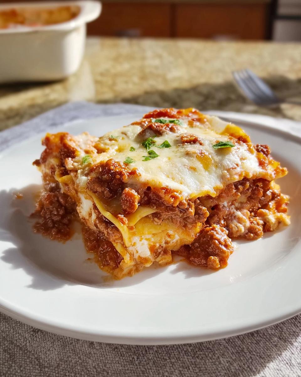 A generous slice of Easy Lasagna Dinner served on a white plate, topped with melted cheese and parsley.