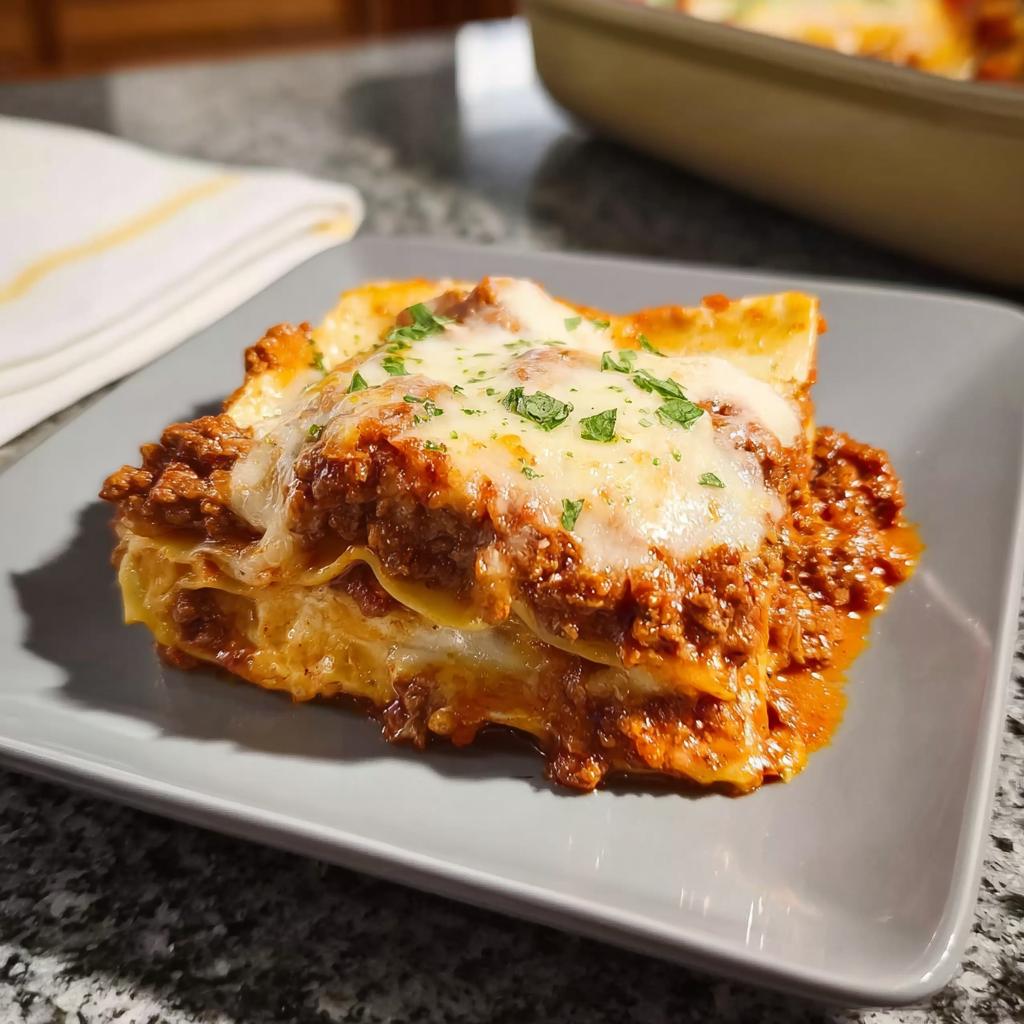 A generous slice of cheesy, meaty lasagna, perfect for an Easy Lasagna Dinner for Busy Families.