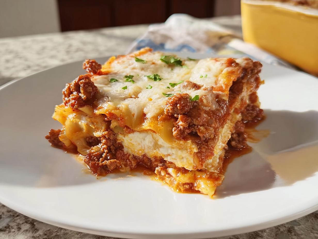A generous slice of Easy Lasagna Dinner, layered with meat sauce and melted cheese, served on a white plate.