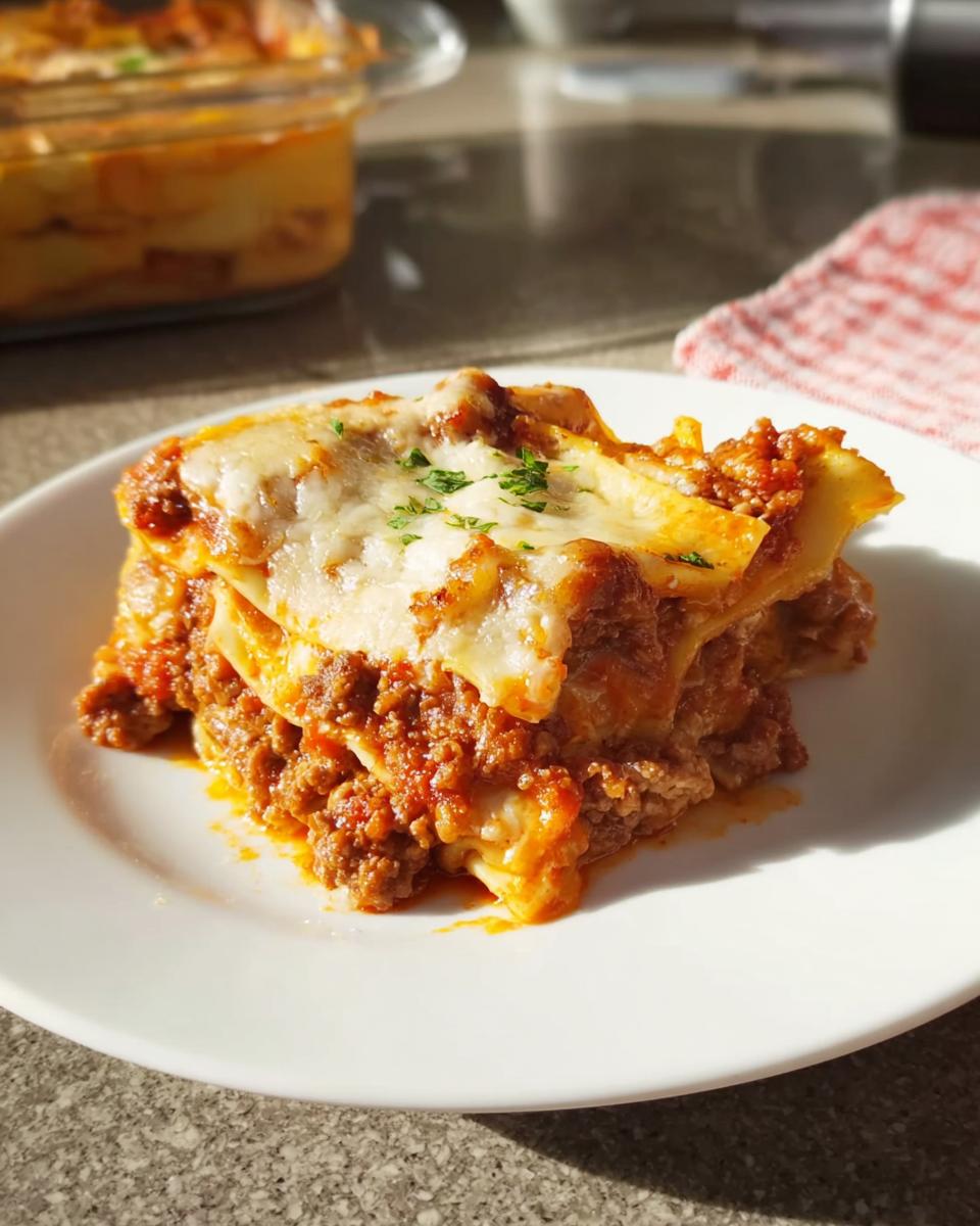 A generous slice of Easy Lasagna Dinner for Busy Families on a white plate, topped with melted cheese and parsley.
