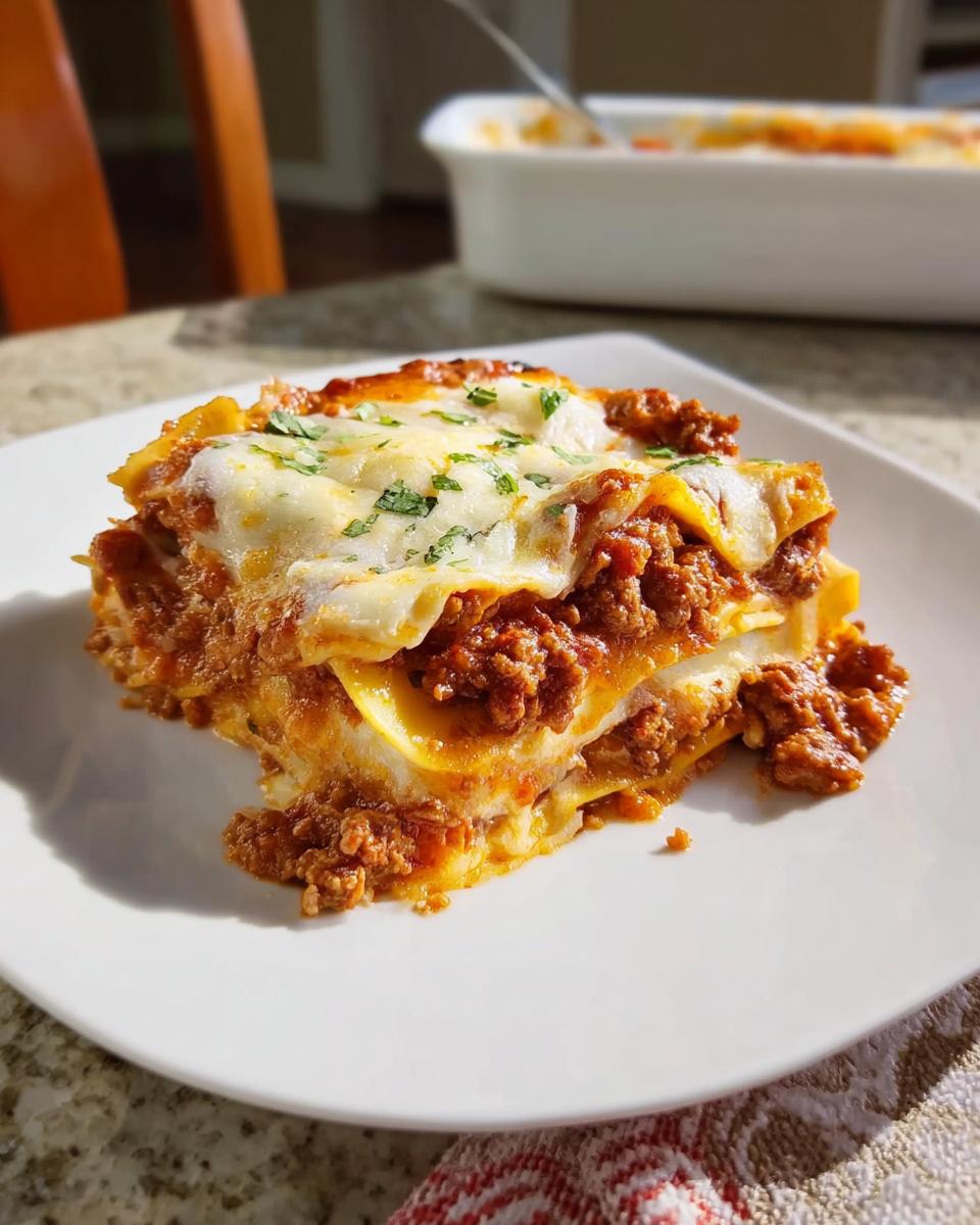 A generous slice of Easy Lasagna Dinner served on a white plate, topped with melted mozzarella and parsley.