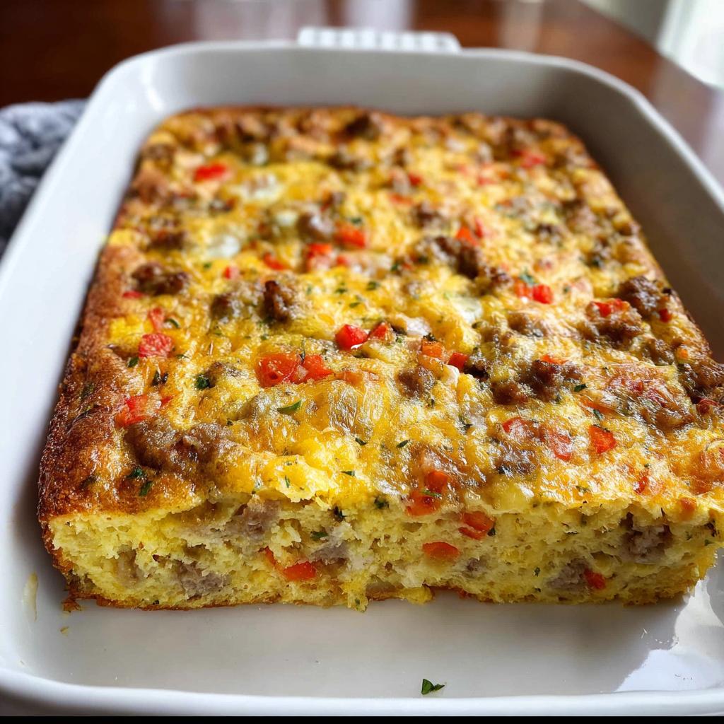 A golden-brown, square portion of Easy Overnight Breakfast Casserole with sausage and peppers in a white baking dish.