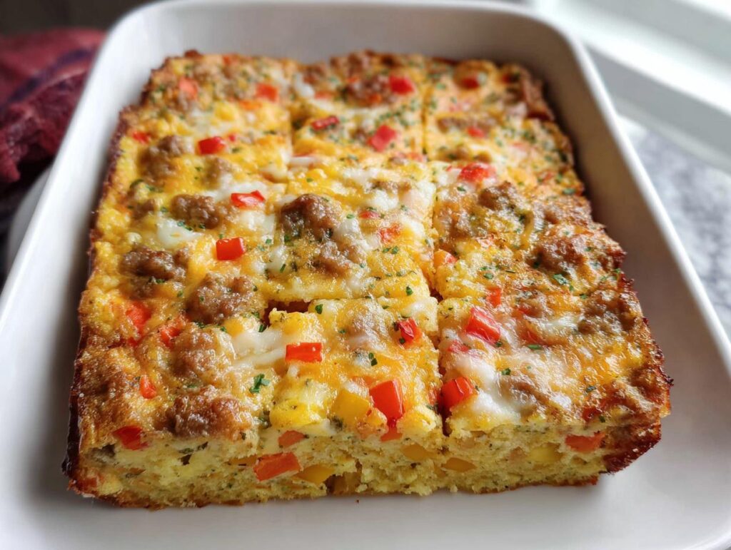 A square portion of Easy Overnight Breakfast Casserole, baked golden brown with sausage and peppers in a white dish.
