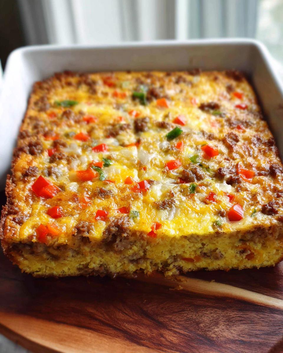 A square, baked Easy Overnight Breakfast Casserole in a white dish, topped with sausage, cheese, and peppers.