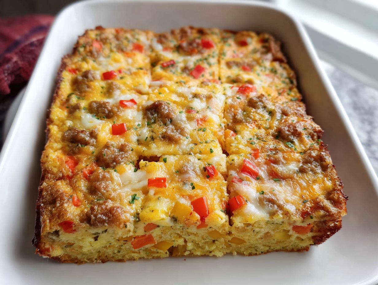 A square portion of Easy Overnight Breakfast Casserole, baked golden brown with sausage and peppers in a white dish.
