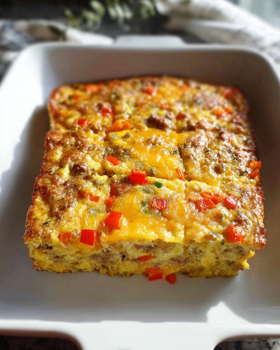 A square portion of Easy Overnight Breakfast Casserole, baked with eggs, sausage, cheese, and red peppers, sitting in a white baking dish.