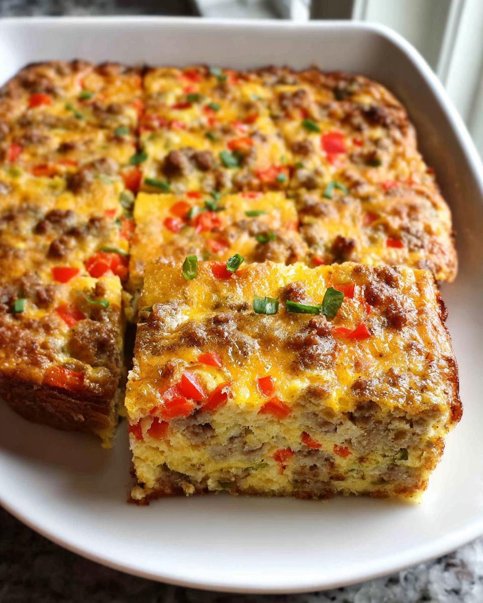 A thick slice of Easy Overnight Breakfast Casserole with sausage, cheese, and peppers on a white plate.