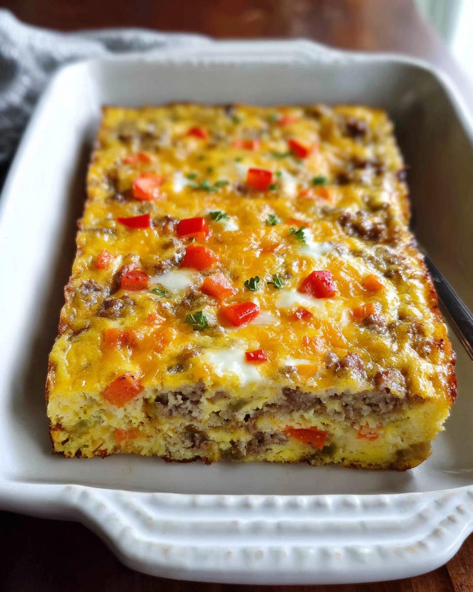 A thick slice of Easy Overnight Breakfast Casserole showing layers of sausage, eggs, and melted cheddar cheese.