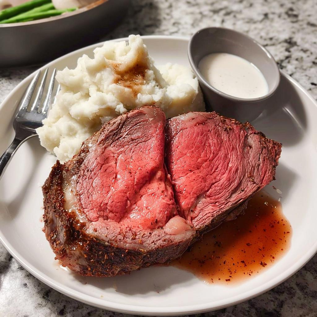 A perfectly cooked, medium-rare slice of Easy Prime Rib served with mashed potatoes and au jus.