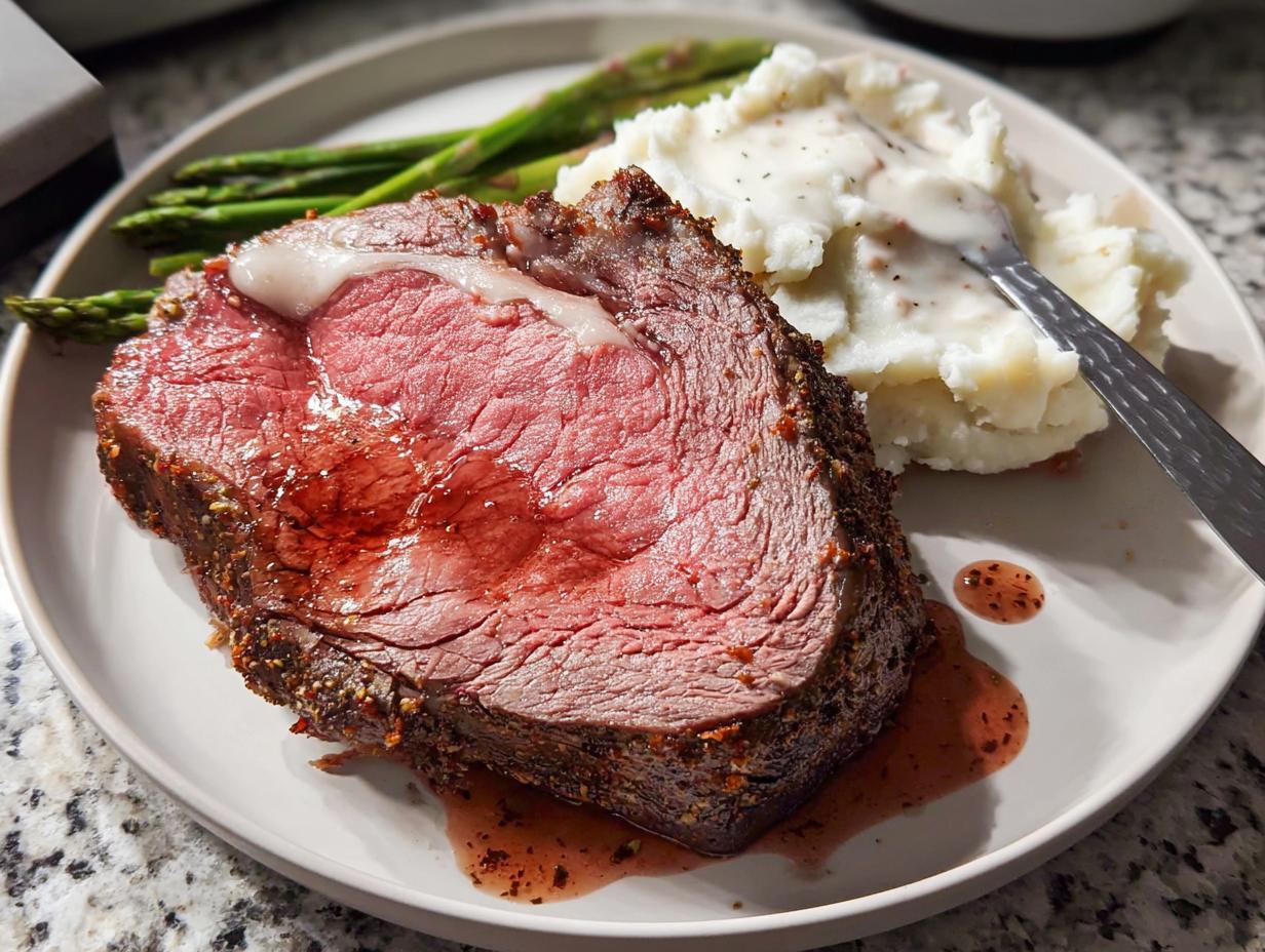 A thick slice of medium-rare Easy Prime Rib roast served with mashed potatoes and asparagus.
