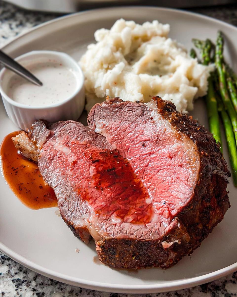 A thick slice of perfectly cooked Easy Prime Rib, medium-rare, served with mashed potatoes, asparagus, and au jus.