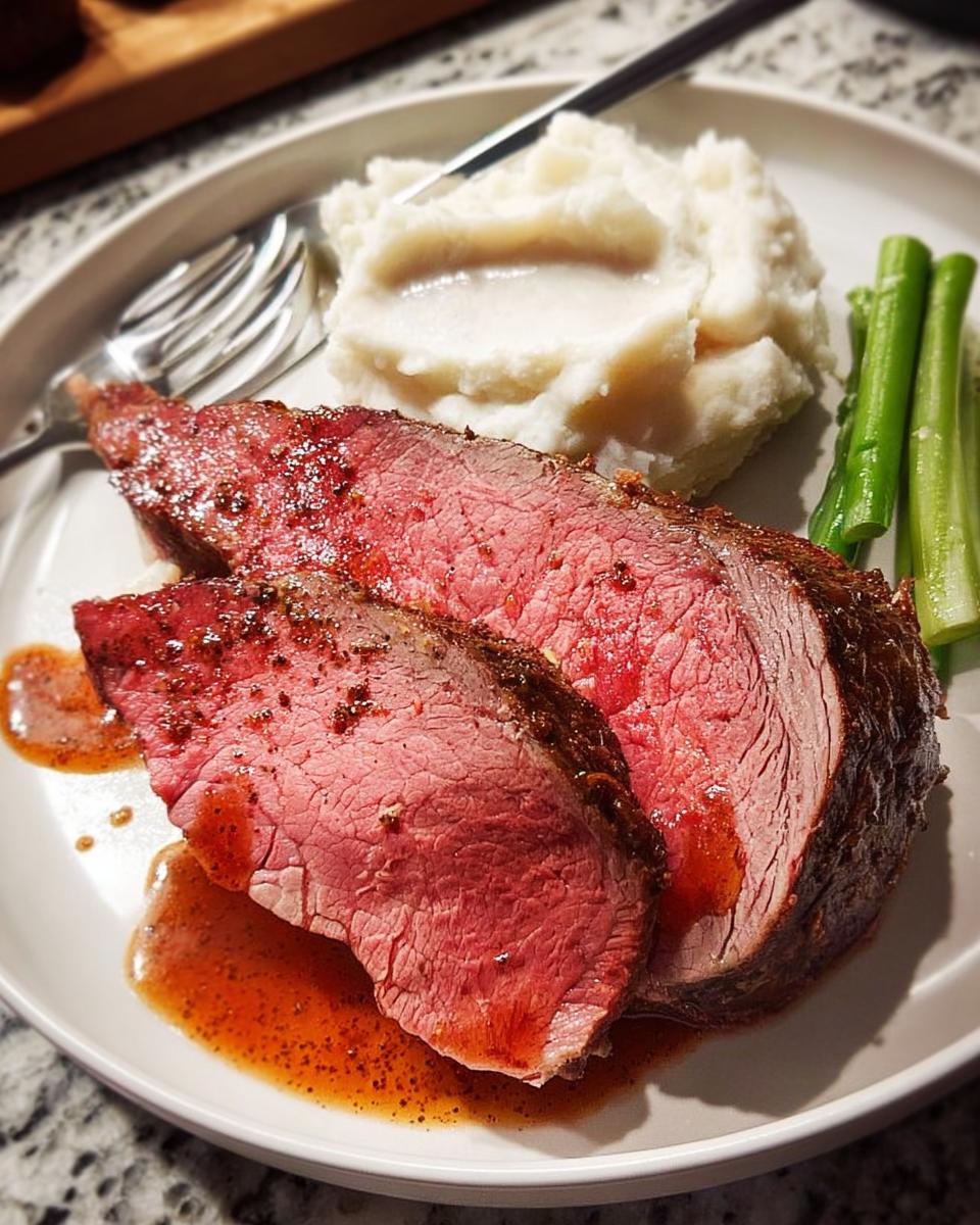 Two slices of perfectly cooked Easy Prime Rib roast, medium-rare, served with mashed potatoes and asparagus.