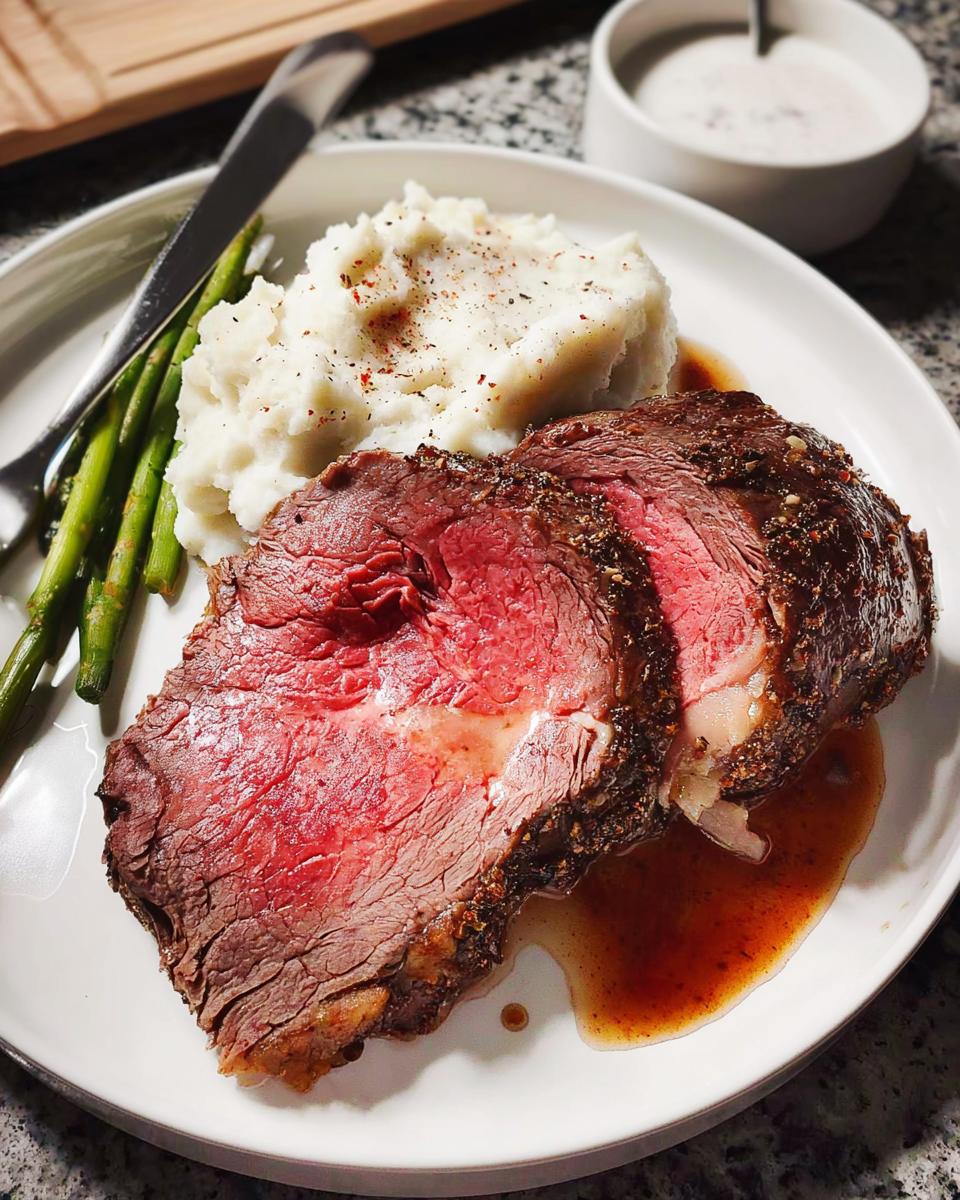 Two thick slices of medium-rare Easy Prime Rib served with mashed potatoes and asparagus.