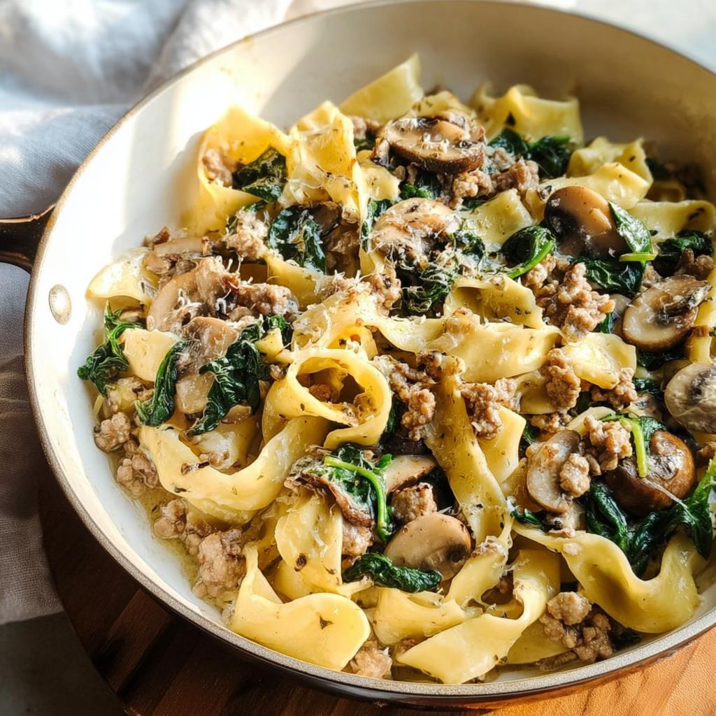 Close-up of a skillet filled with easy dinner recipe pasta, sausage, mushrooms, and spinach.