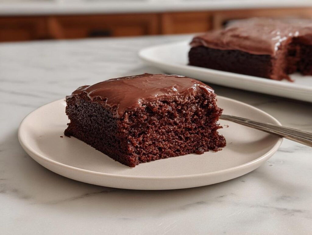 A close-up of a moist slice of Easy Snacking Sheet Cake topped with glossy chocolate frosting on a small plate.