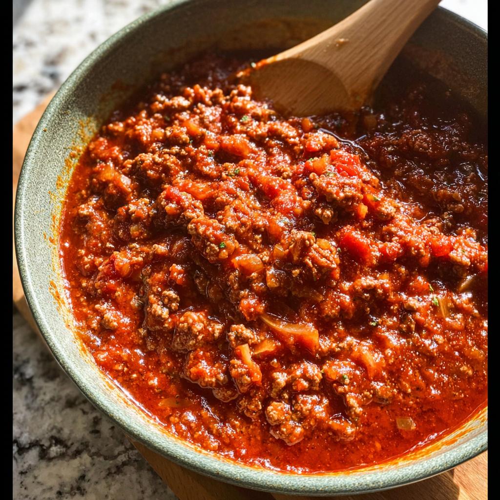 Close-up of rich, thick Easy Weeknight Meat Sauce (Ground Beef Marinara) simmering in a green bowl with a wooden spoon.