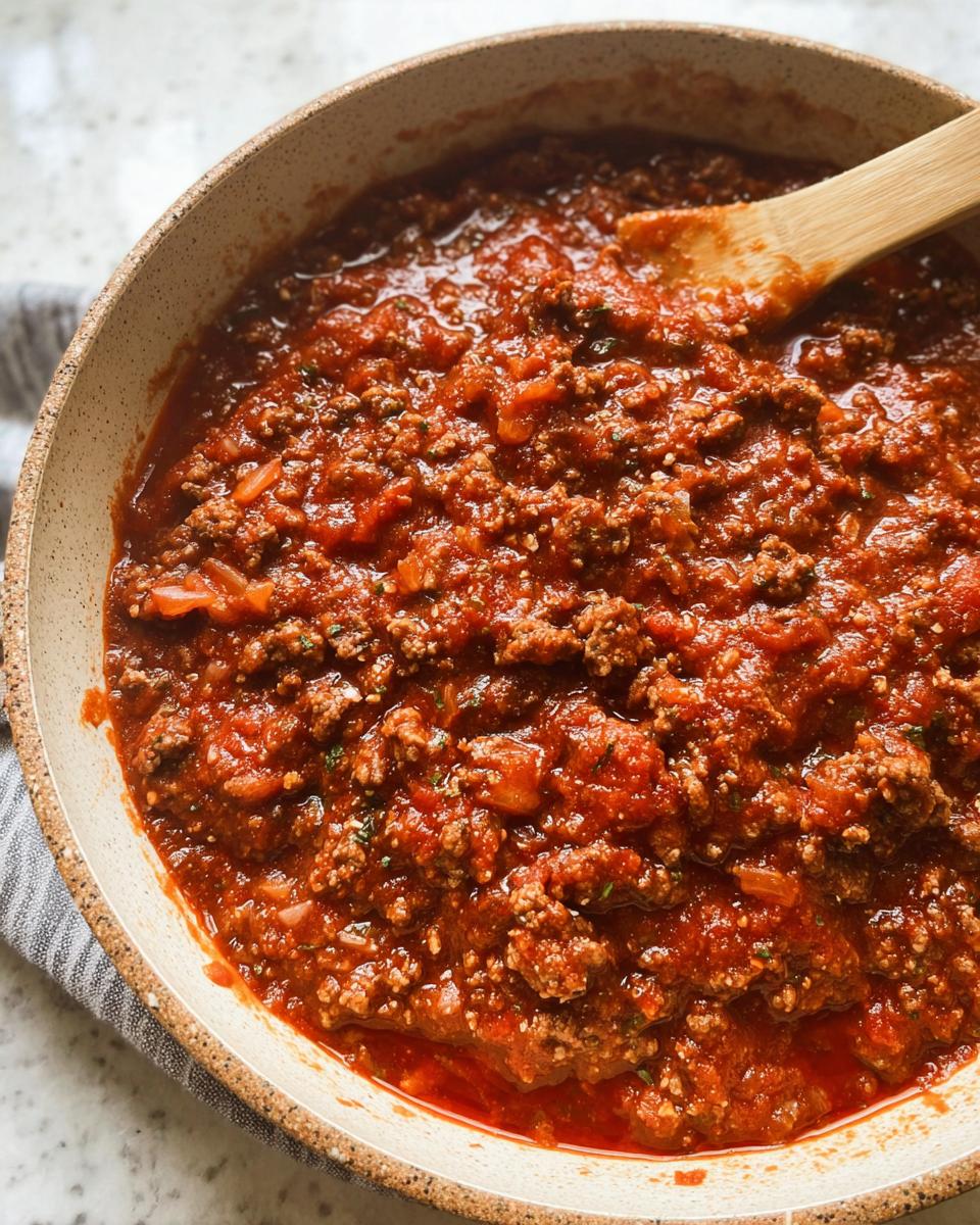 Close-up of a rustic bowl filled with rich, simmering Easy Weeknight Meat Sauce made with ground beef and tomatoes.