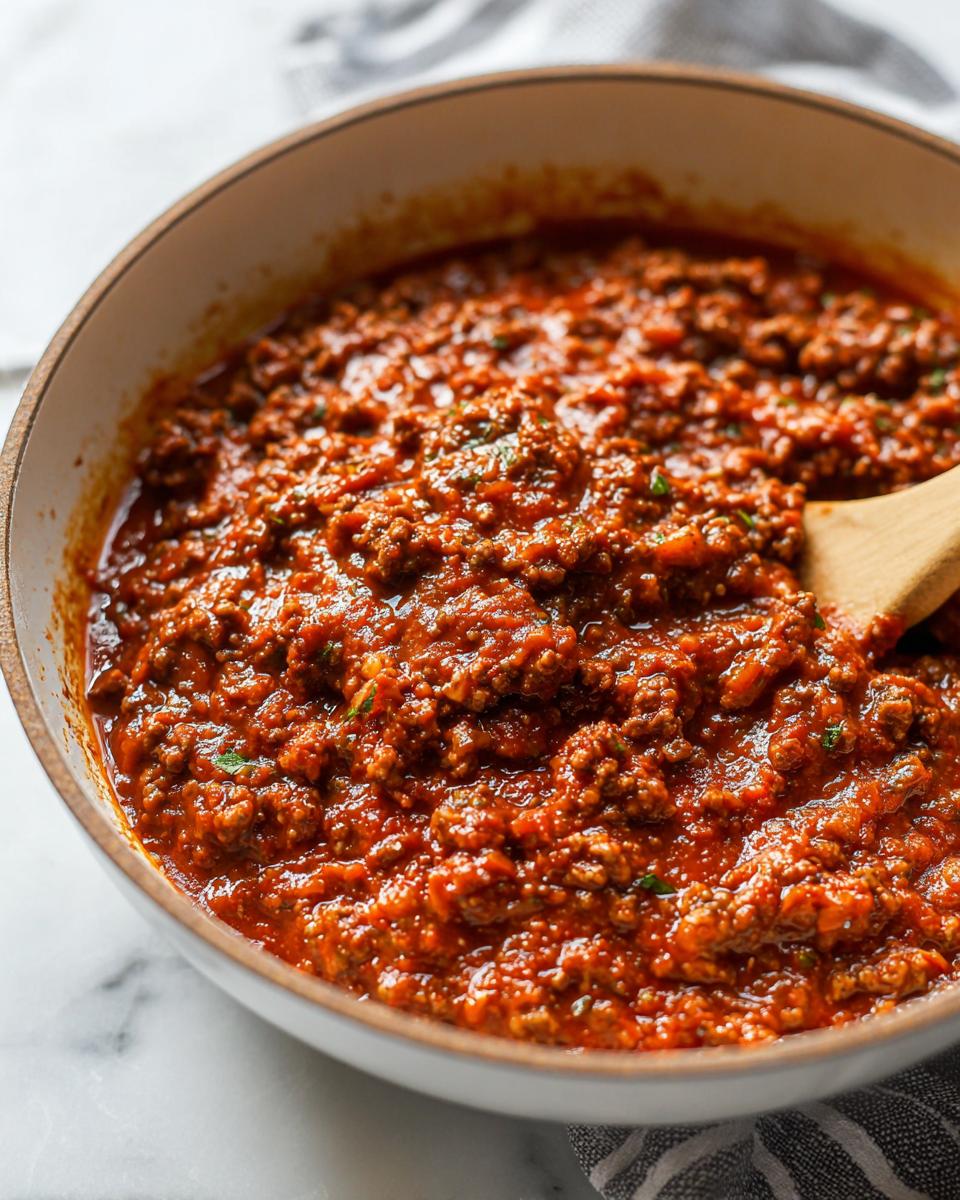 Close-up of rich, thick Easy Weeknight Meat Sauce (Ground Beef Marinara) simmering in a white skillet with a wooden spoon.