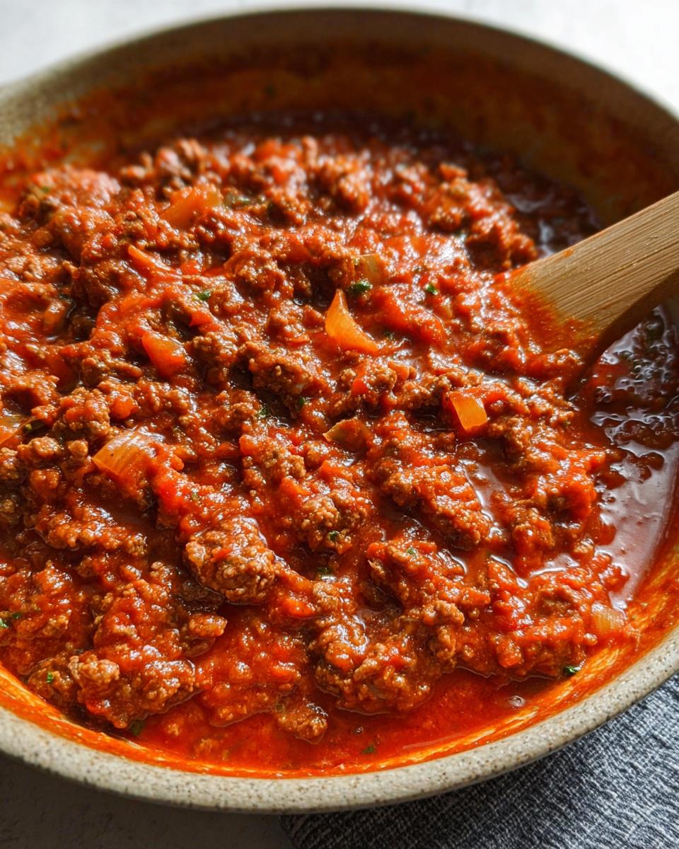 Close-up of rich, thick Easy Weeknight Meat Sauce made with ground beef and tomatoes simmering in a rustic bowl.
