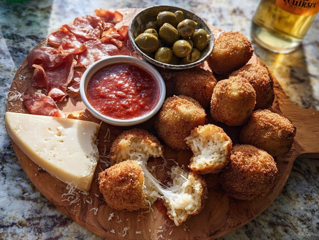 A platter of cheesy arancini served with prosciutto, Parmesan, olives, and marinara, perfect for a New Year’s Eve Dinner Menu.