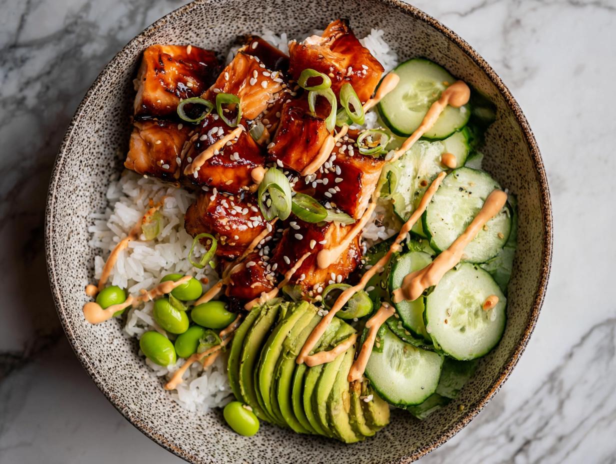 Overhead view of a Teriyaki Salmon Bowls featuring glazed salmon, rice, sliced avocado, cucumbers, and edamame.