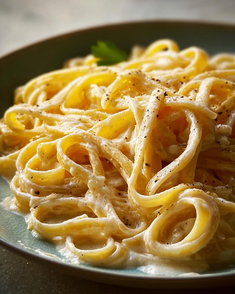 Close-up of fettuccine pasta coated in creamy, rich Best Alfredo Sauce Recipe Ever, topped with black pepper.
