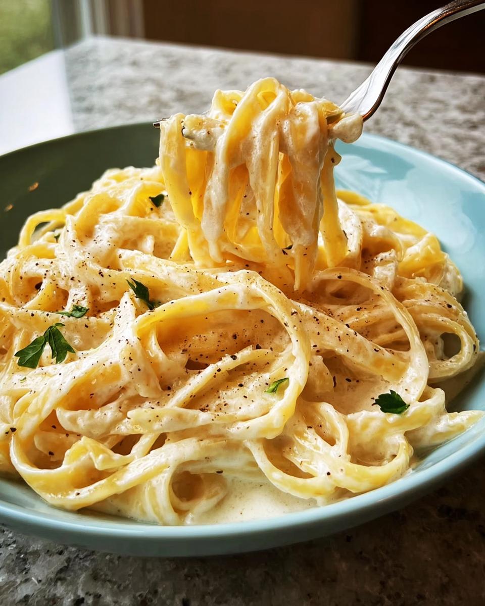 Close-up of fettuccine pasta coated in rich, creamy sauce, lifted by a fork, showcasing the Best Alfredo Sauce Recipe Ever.