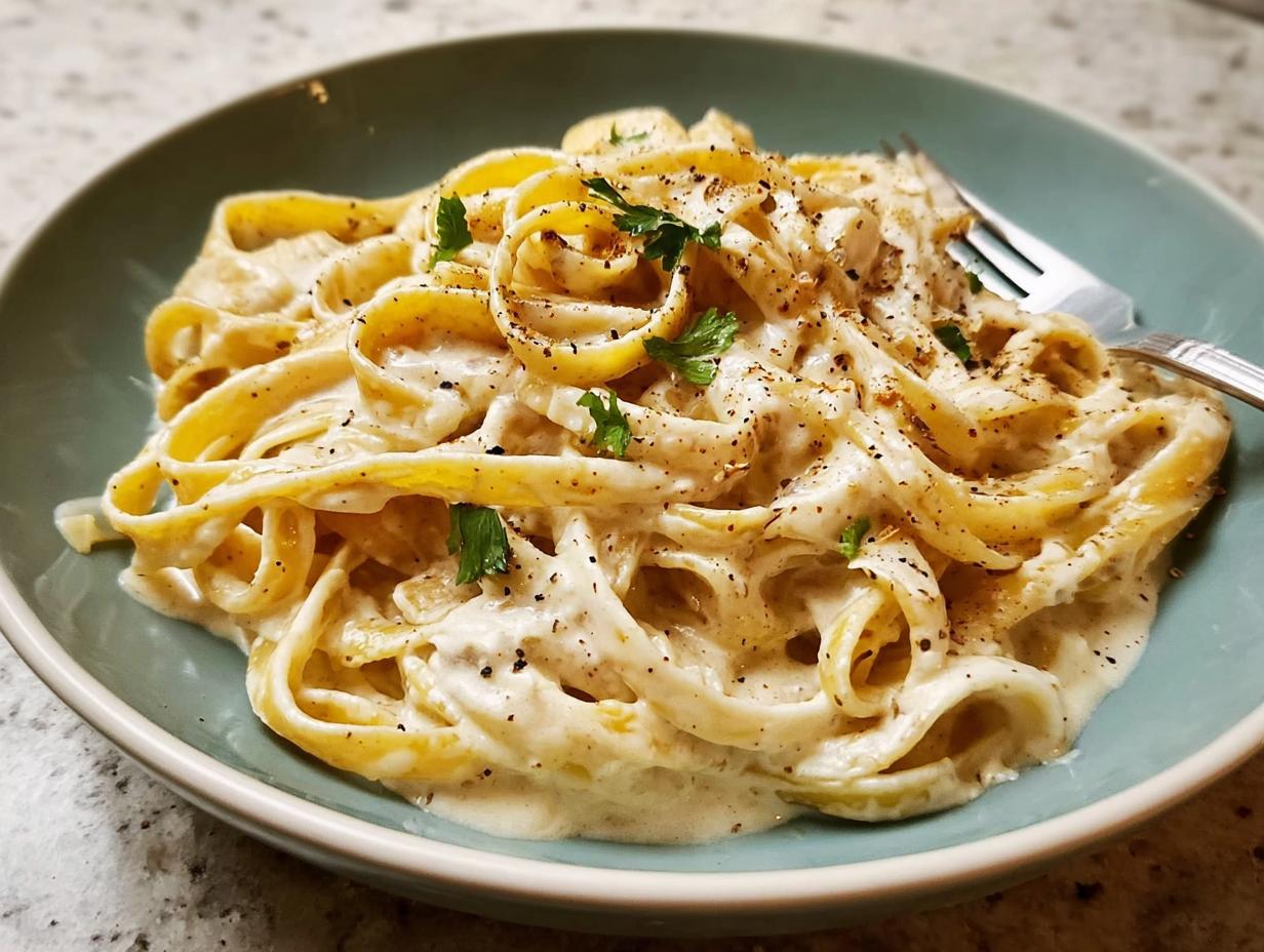 Close-up of fettuccine pasta coated in a rich, creamy sauce, garnished with black pepper and parsley, showcasing the Best Alfredo Sauce Recipe Ever.