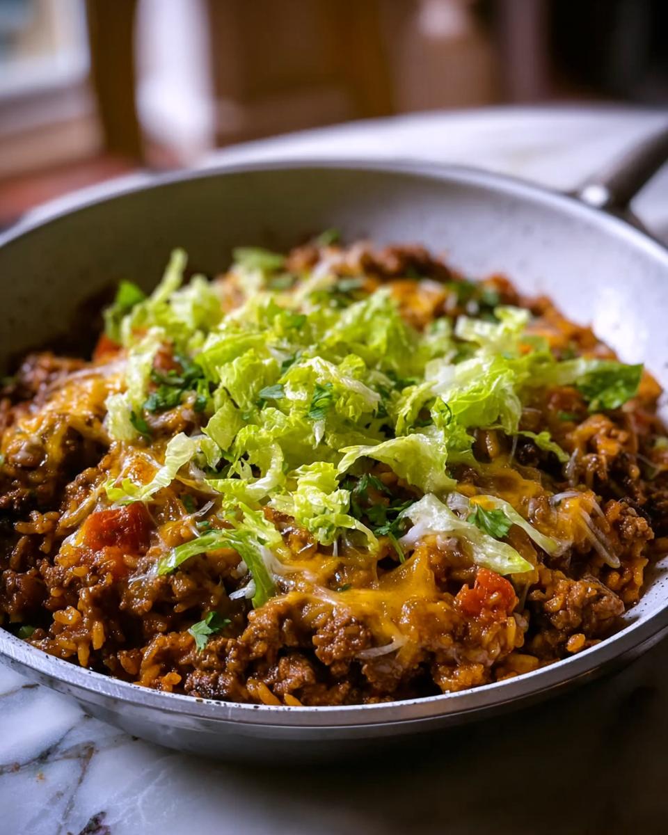 Close-up of a finished Taco Skillet (15 Minutes) topped with melted cheese and shredded lettuce in a cooking pan.