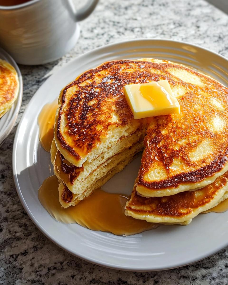 Close-up of a stack of fluffy buttermilk pancakes topped with melting butter and syrup.